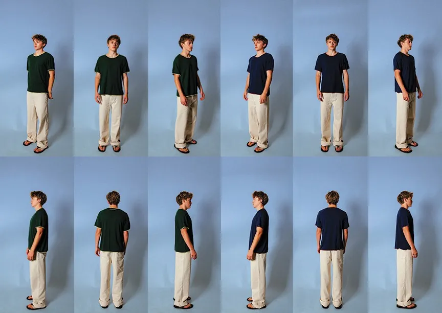Lineup of model poses against a blue wall