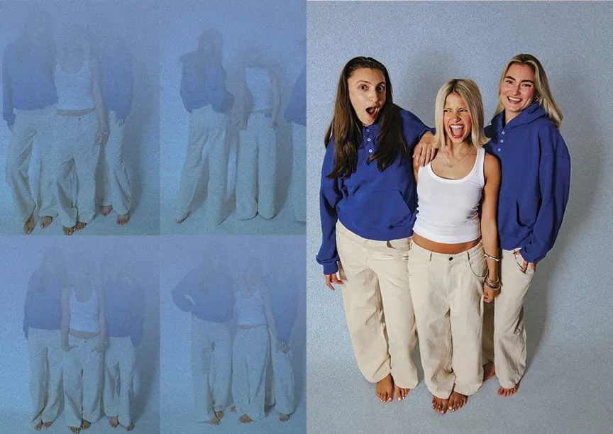 Three models in hoodies and cream pants