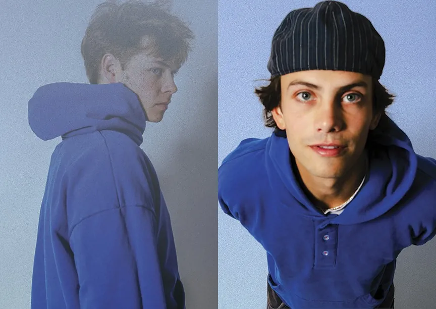 Two portraits in the blue Soleil Lune hoodie